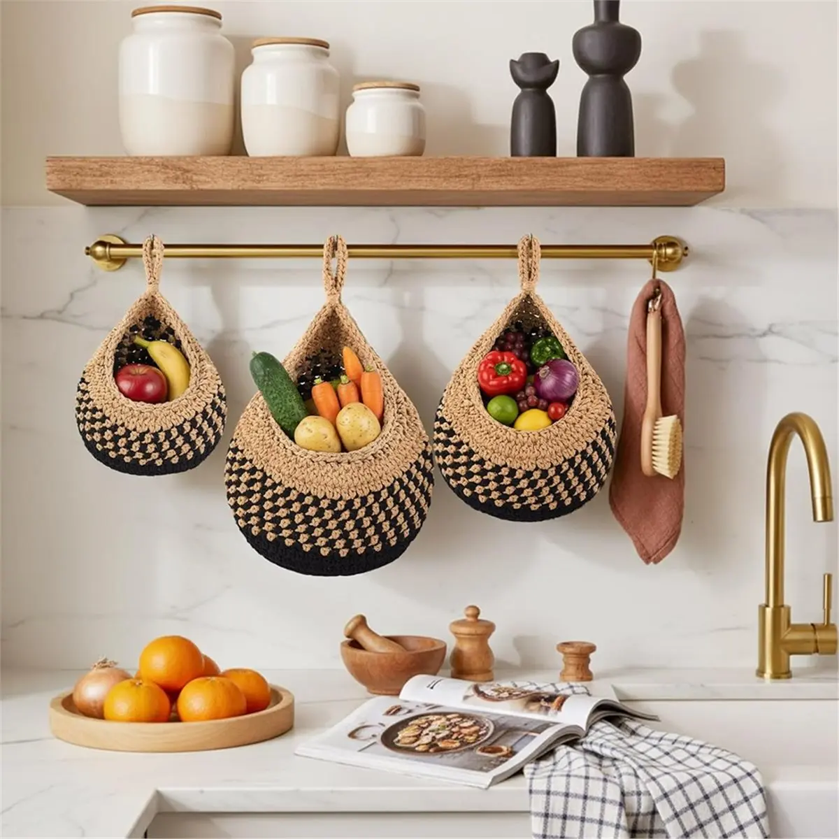 Boho Decor Hanging Wall Baskets Set for Kitchen 3 Pcs Teardrop Baskets with Hooks Storage Fruit Onion Vegetable Potato B