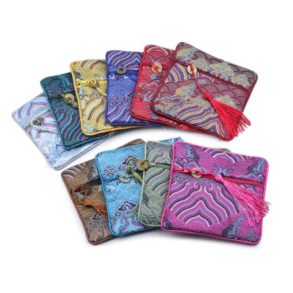 Chinese Style Silk Jewelry Organizer Embroidery Sea Wave Pattern Brocade Pouch Blessing Bag Coin Purse Jewelry Storage Bag