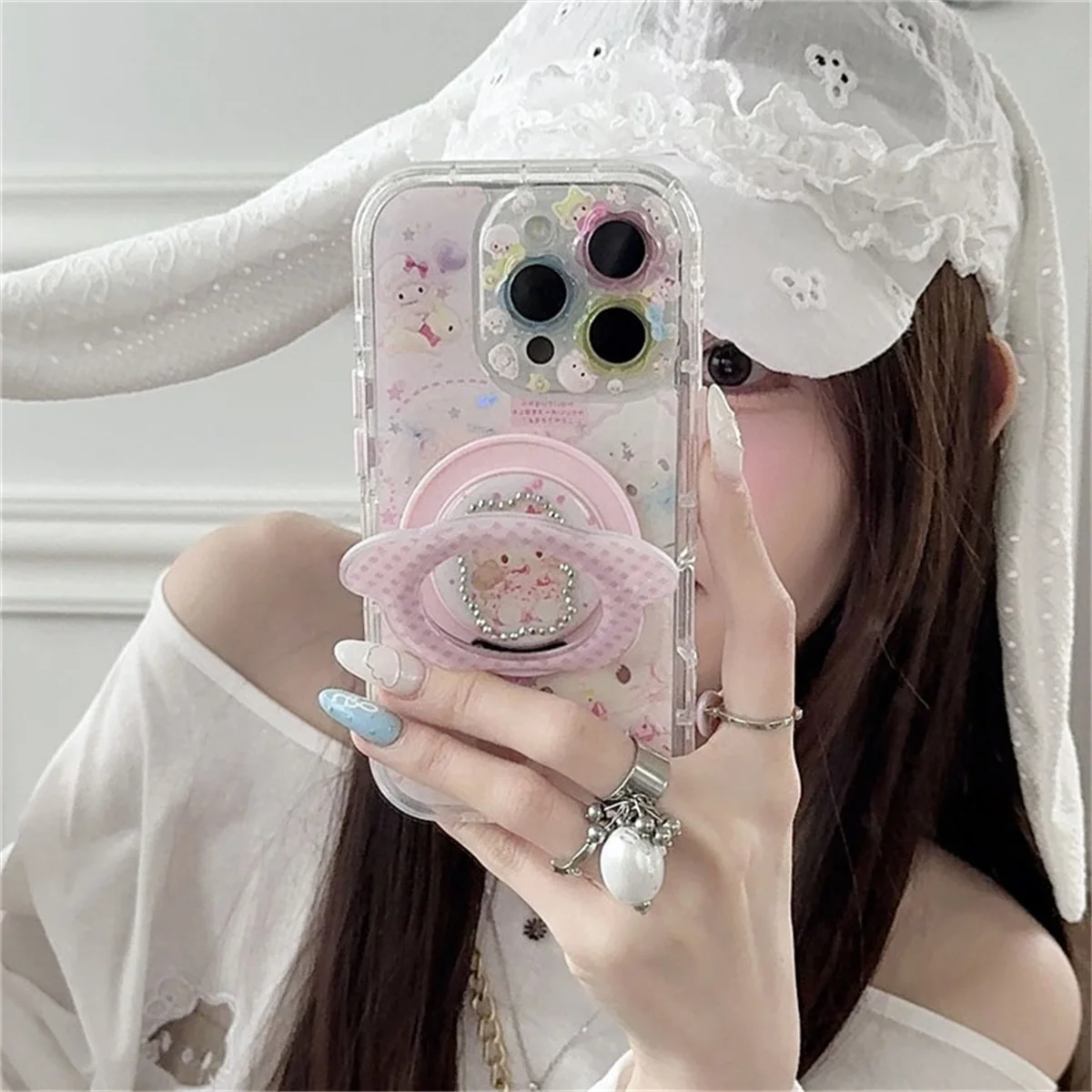 

Korean Pink Cute Sheep Magntic Phone Case For iPhone 16 Pro 14 13 15 Pro Max 14Pro Back Cover Shockproof Cases with Stand