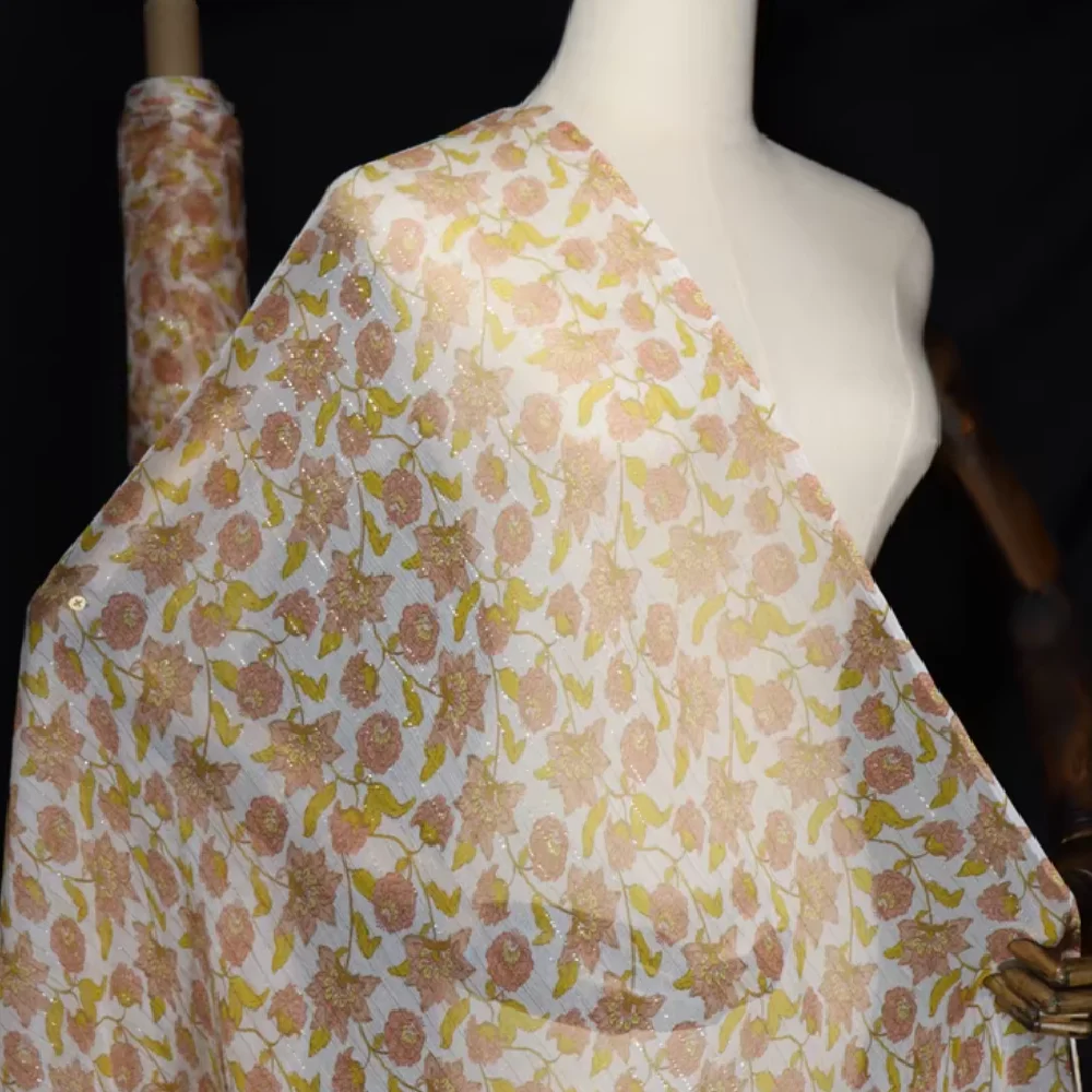 Yellow Flower Light Line Lurex Metallic Silk Crinkle Georgette Fabric Breathable Elegant for Lady Spring Clothes Dress Scarf