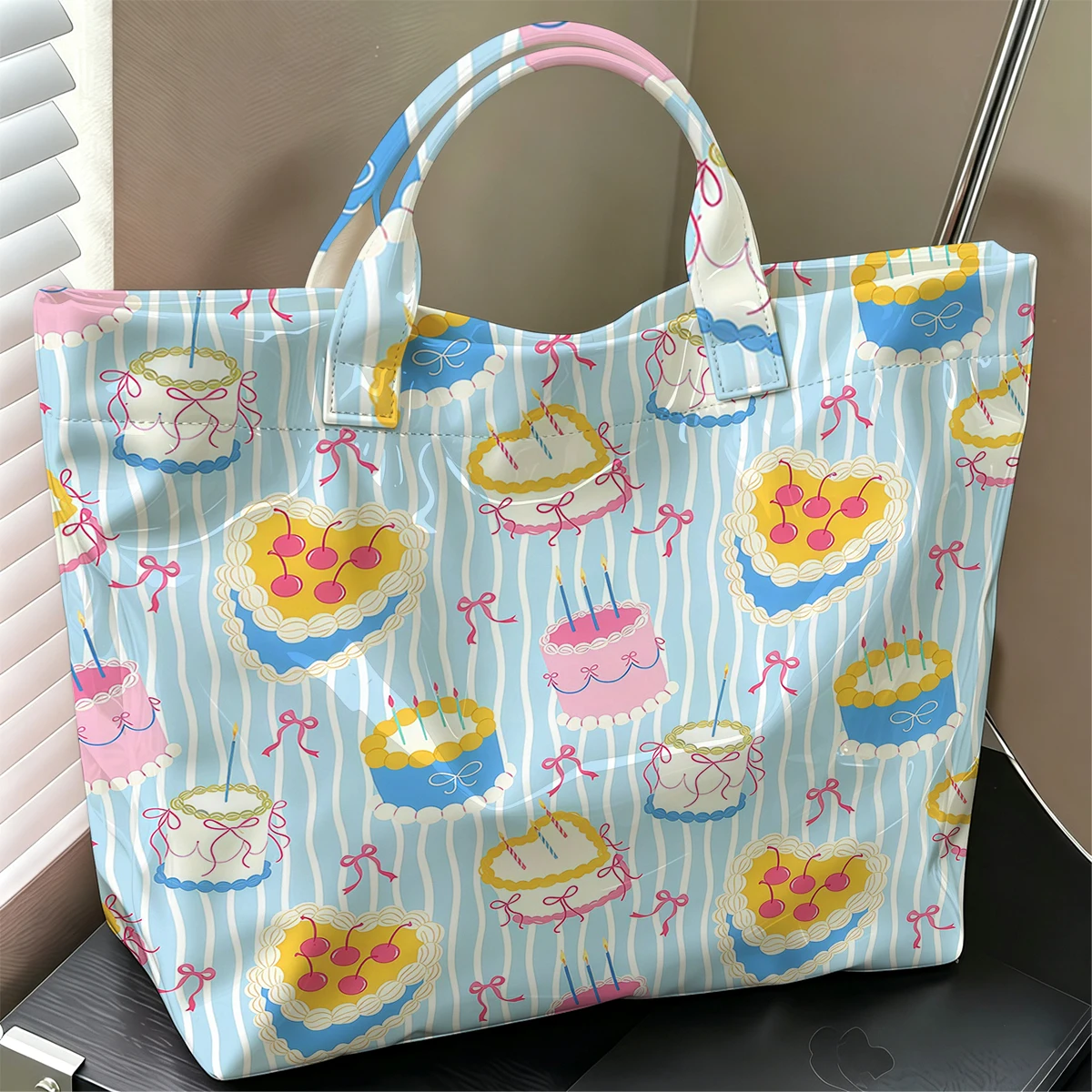 Sweet Dream Cakes Stylish Large Glossy PVC Tote Bag Washable Waterproof Durable Ideal for Travel Commute Cosmetics Books Handbag