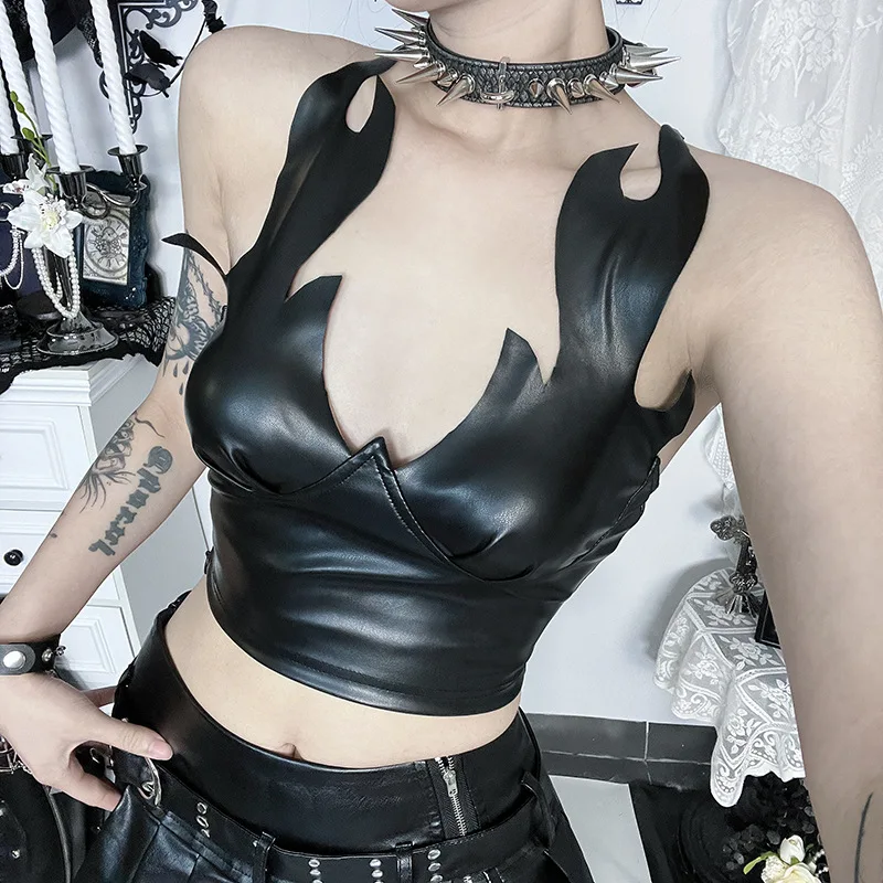 

2026 New Vintage Dark Fire PU Leather Sexy Backless Cami Top Women 90s Y2K Mall Goth Outfits Cropped Tops V-Neck Vest Underwear