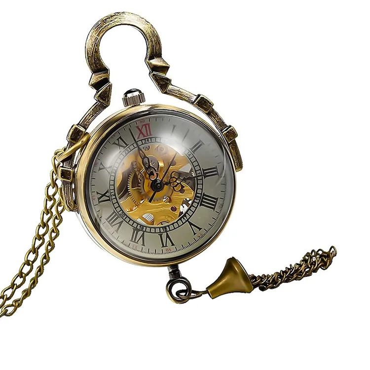 2 Pieces Luxury Vintage Mechanical Pocket Watch for Men Male Transparent Glass Roman Numerals Man Fob Chain Man Pendant Clock