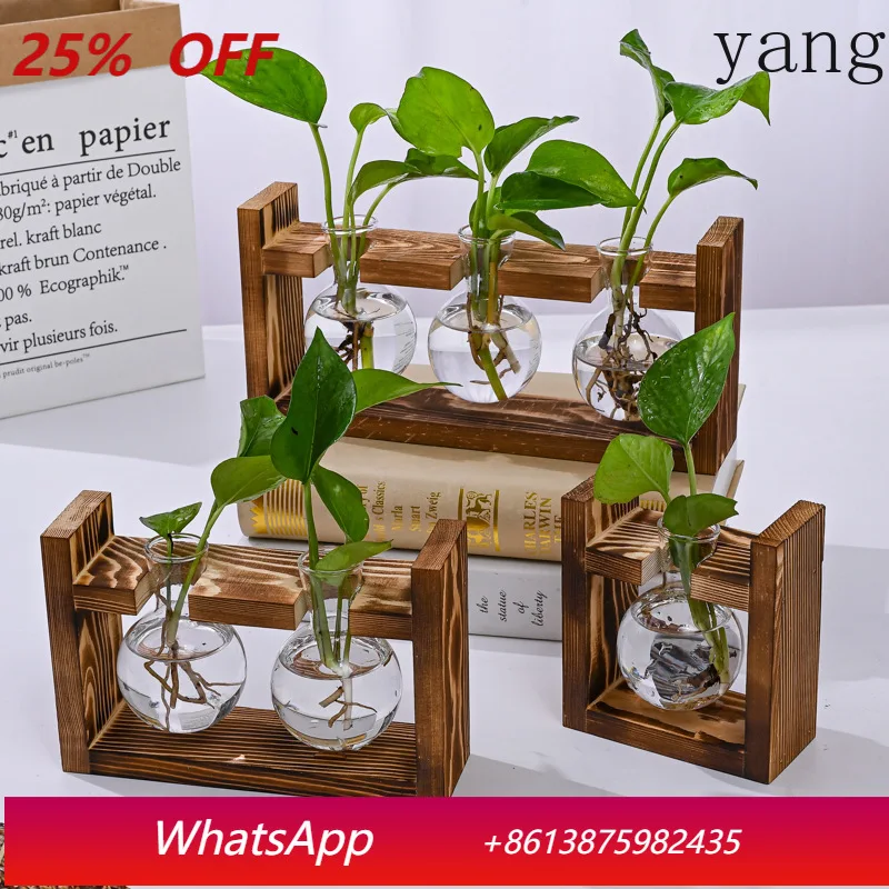 

LH creative wooden frame hydroponic small vase pothos plant glass bottle container tabletop ornament