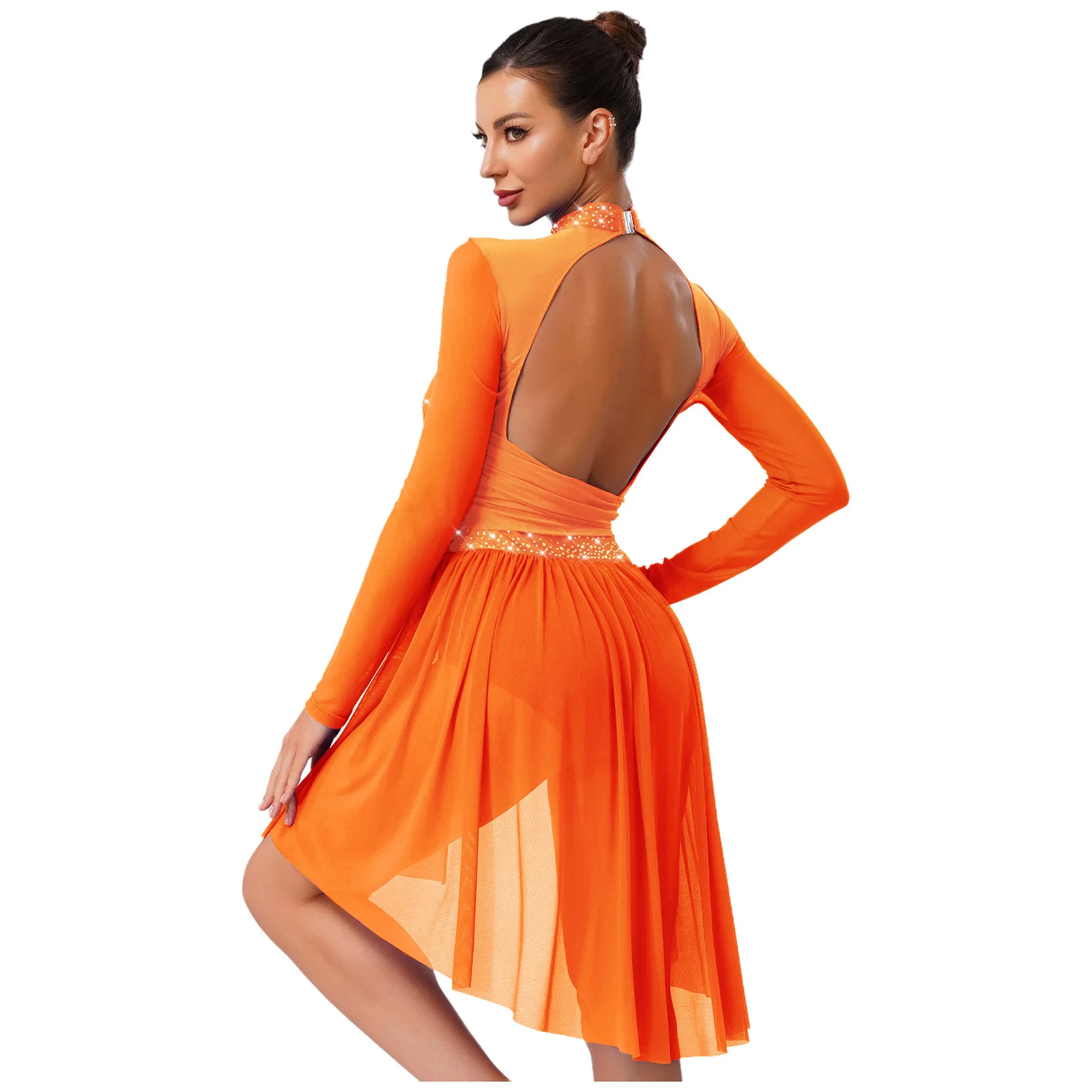 Womens Glittery Rhinestone Lyrical Dance Dress Long Sleeve Ruched Backless One Piece Leotard Dress Contemporary Dance Costumes