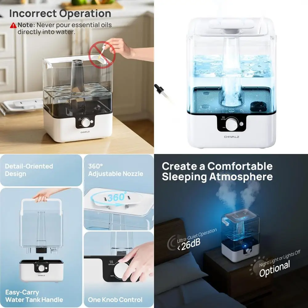 

Увлажнитель воздуха с верхней подачей воды и функцией прохладного тумана для больших помещений, ультратихий, с ночником, 50-часовая работа, диффузор и 2 выхода для тумана