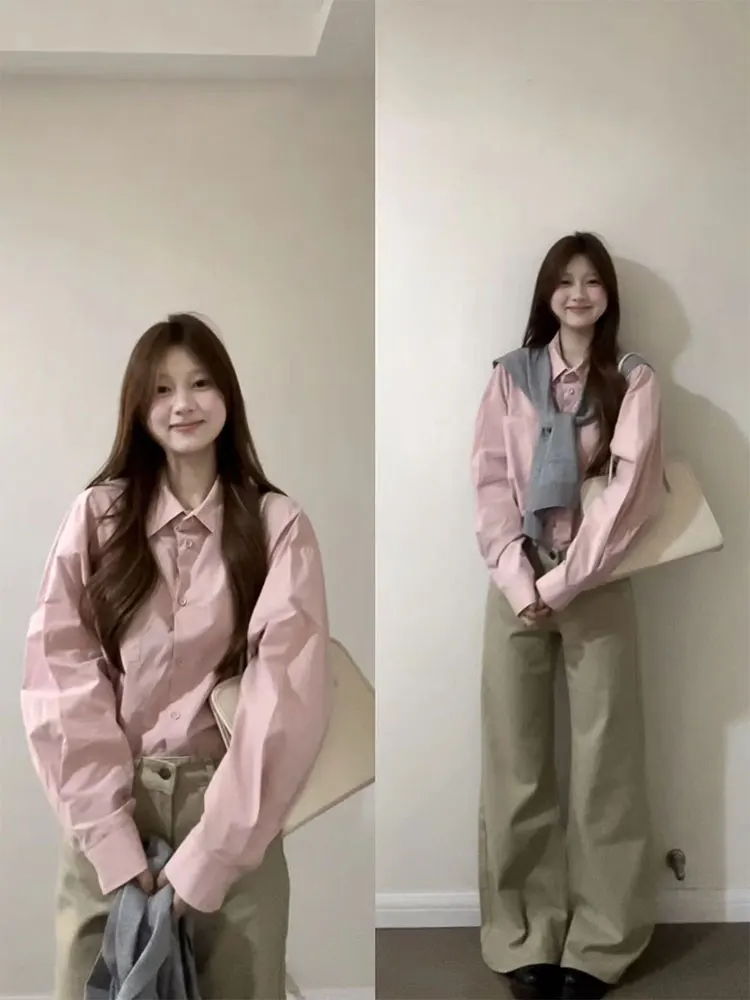 

Pink Long Sve Collar irt Jaet Women's Casual Open Cardigan Aosphere Feeling Korean Sle Summer Commute Wind