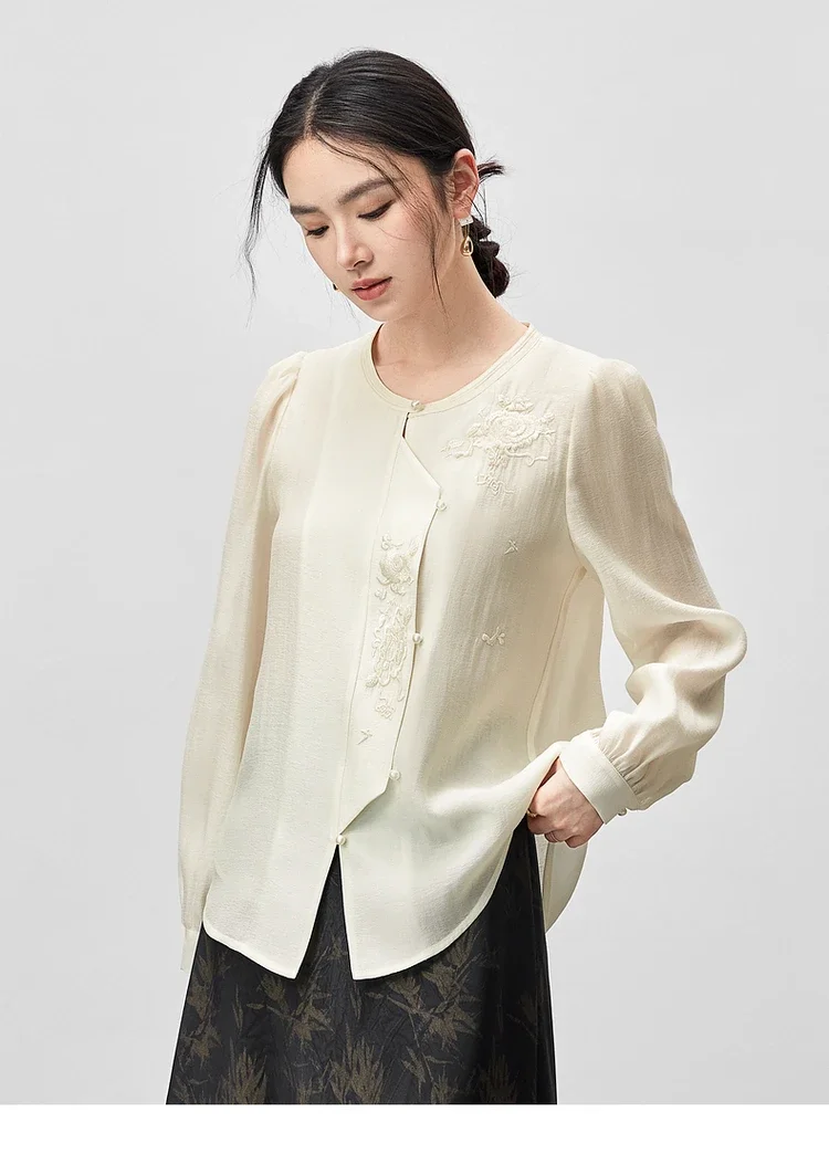 SENTUBILA Elegant Embroidery Shirt for Women 2024 Autumn Lyocell Blend Round Neck Long Sleeve Top Woman Fall Clothes 143C55796