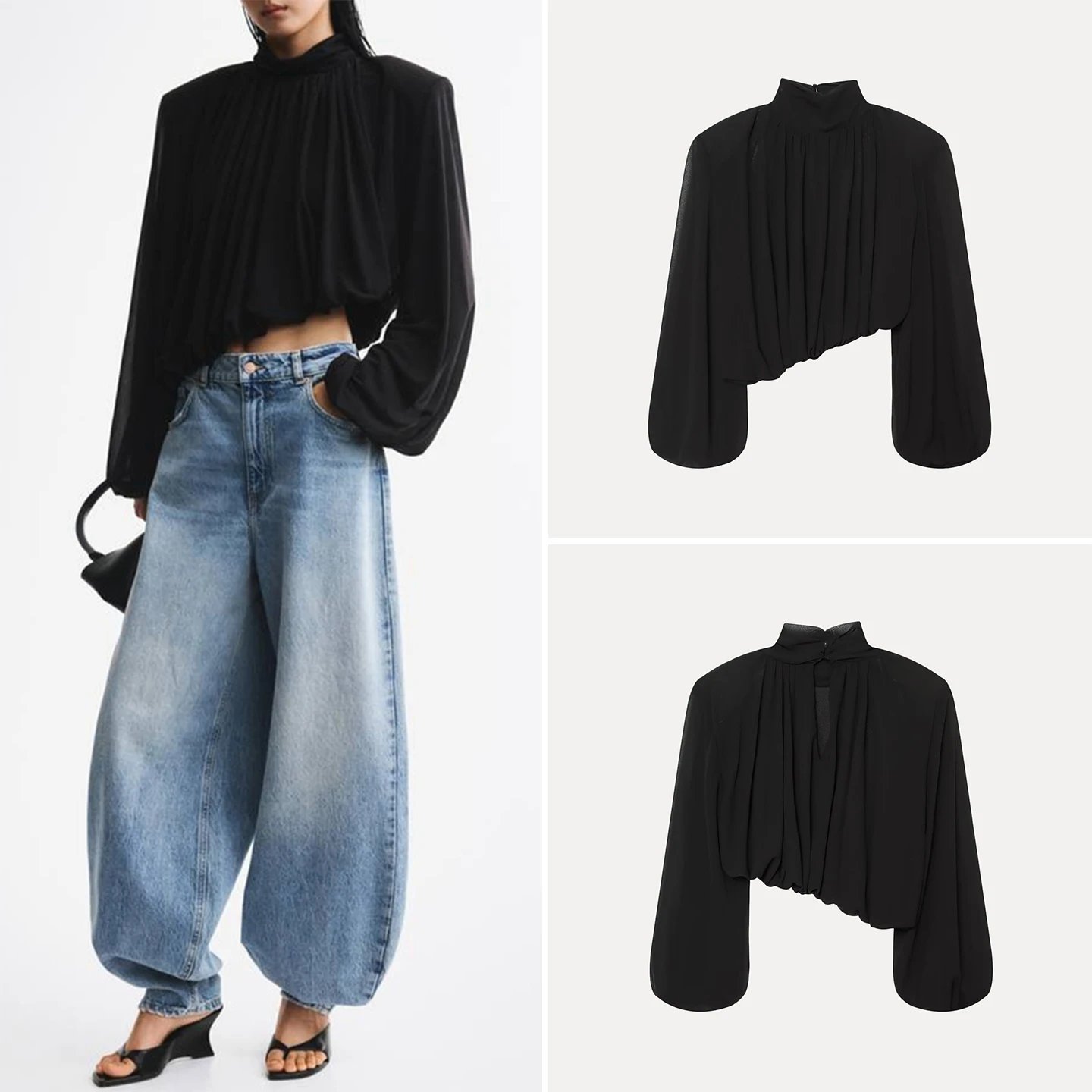 Women's Long Sleeve Pleated Bubble Hem Shirt New 2026 Autumn Fashion Padded Shoulder Design Stand Collar Chinese Brand Zadata