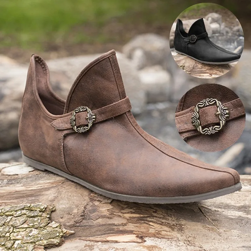 Vintage Braune Schnallen-Lederstiefel, Kurze Flache Stiefel, Unisex, Renaissance Mittelalterliche Ritter-, Prinzen-, Piraten-Schuhe, Gothic Cosplay Schuhe – Detail 3