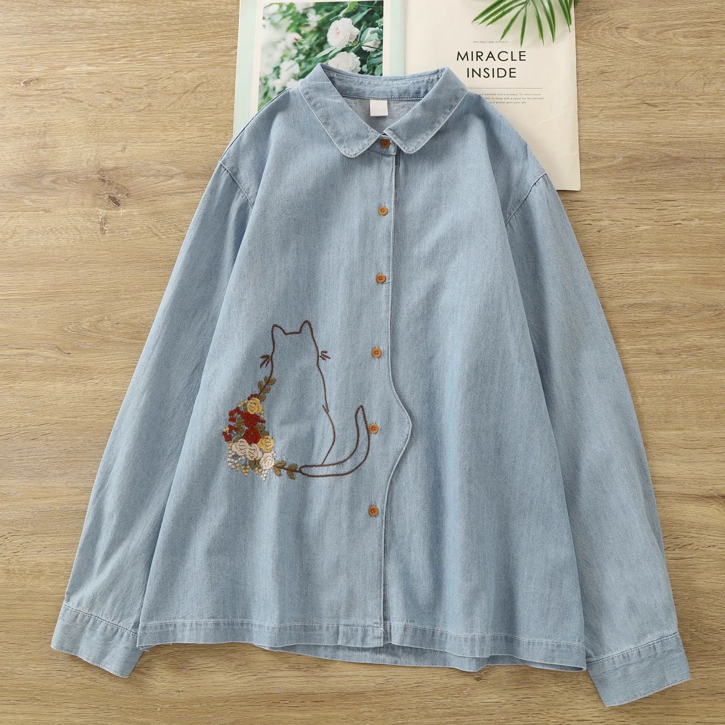 

Осенняя одежда из 100% хлопка, женские джинсовые рубашки и блузки в японском стиле с вышивкой кота и котенка, оригинальные топы в стиле мори для девочек