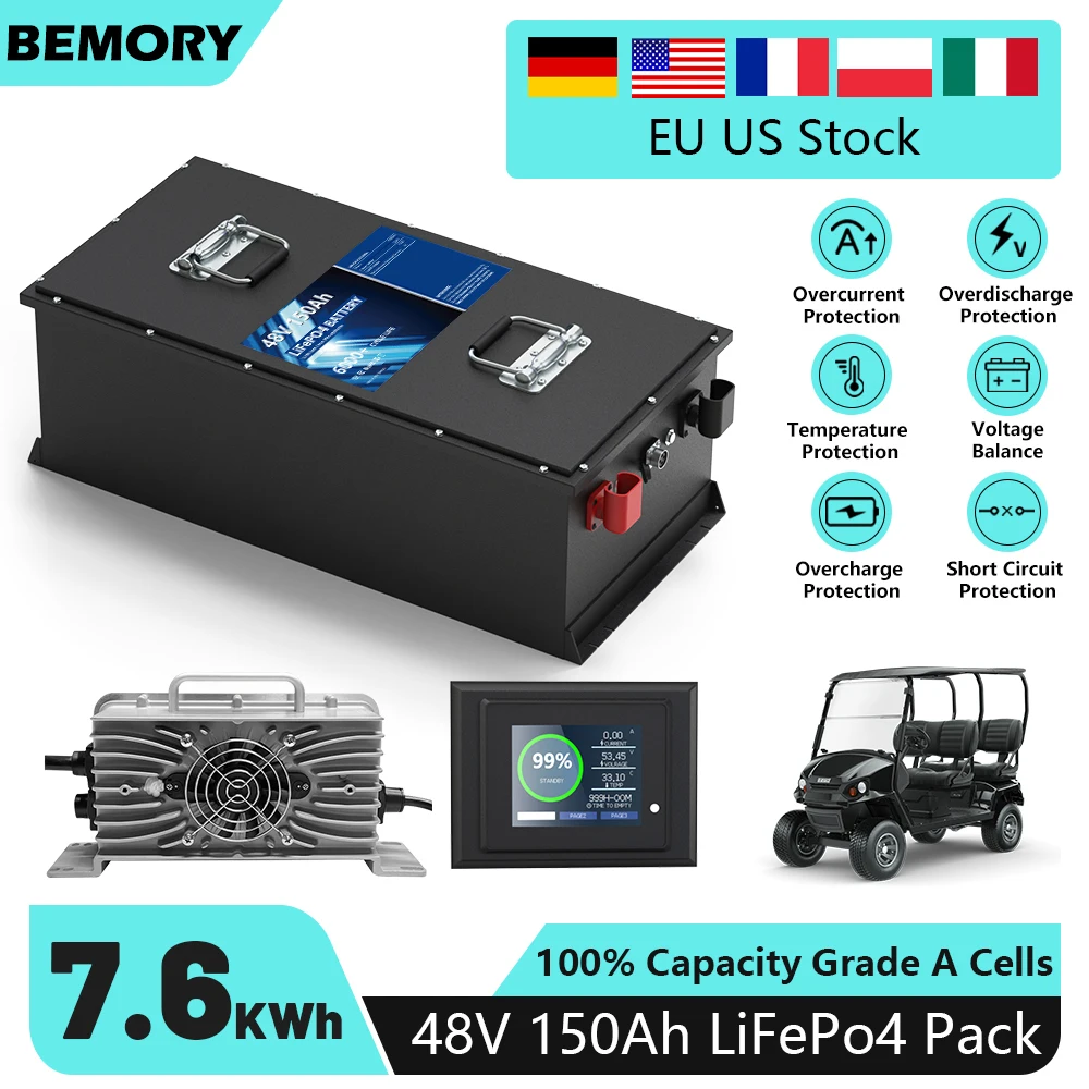 Batteria da golf LiFePO4 48V 150Ah 7KW Batteria al litio 51.2V 100Ah 5KW>6000 cicli con display a LED per auto da golf Consegna veloce negli Stati Uniti