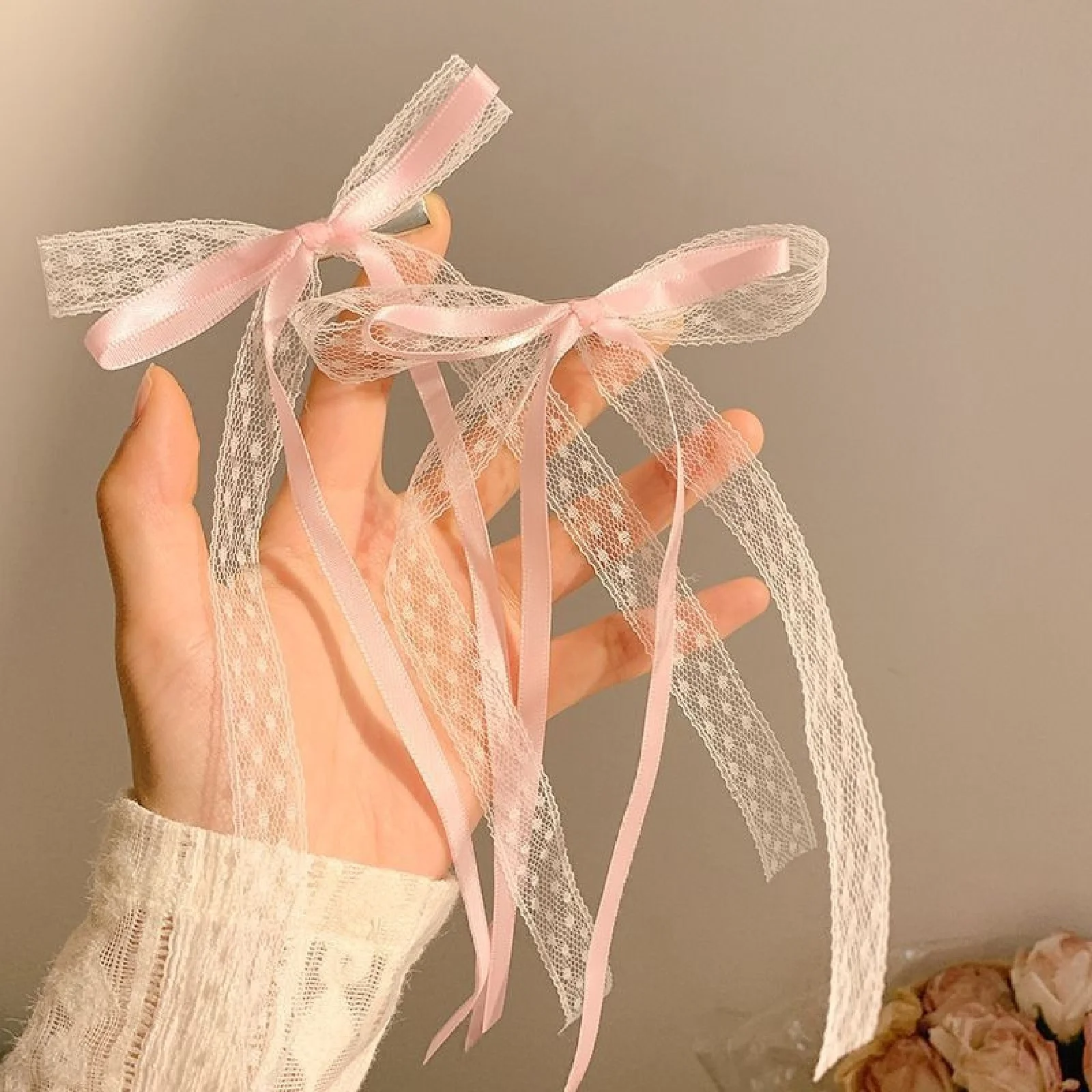 2PCS White, Lace, Ribbon, Hair Tie, Bow, Hair Clip, Female, Premium, Headpiece, Clips, Hair Accessories, Hair Cards