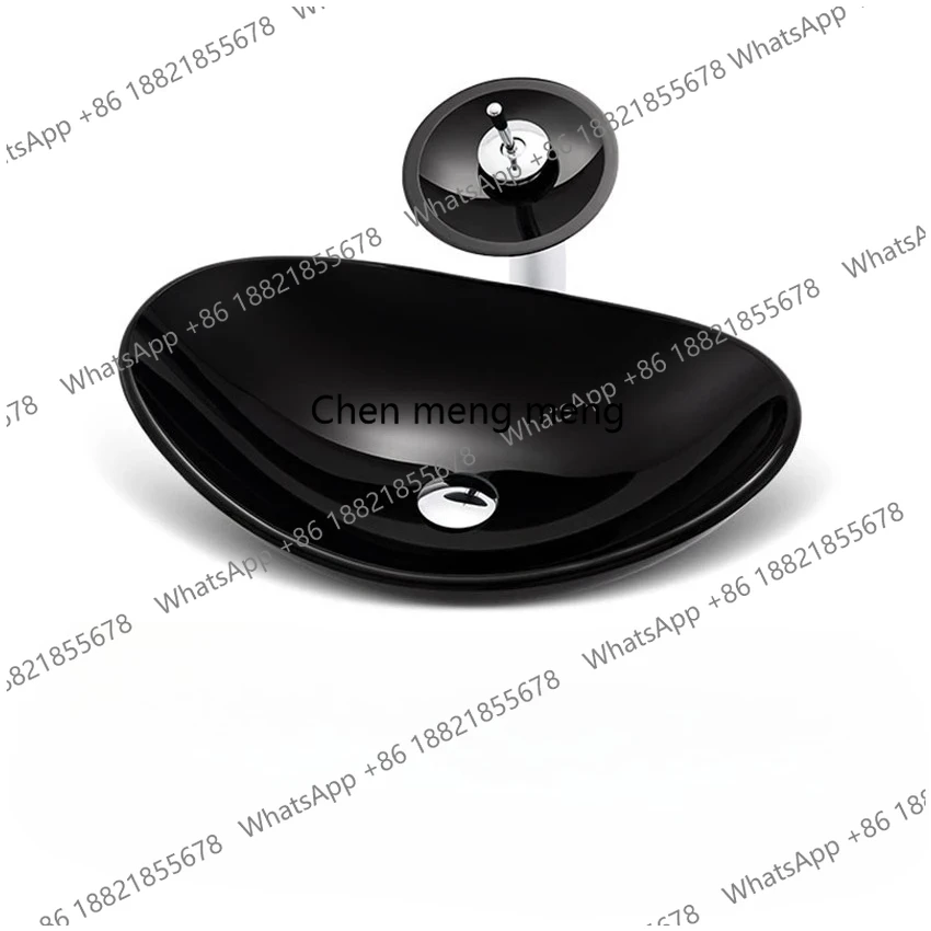 Black Tempered Glass Bathroom Mixer Basin Washbasin Brass Faucet Set Oval Washroom Basin Vessel Vanity Sink w/ Drain