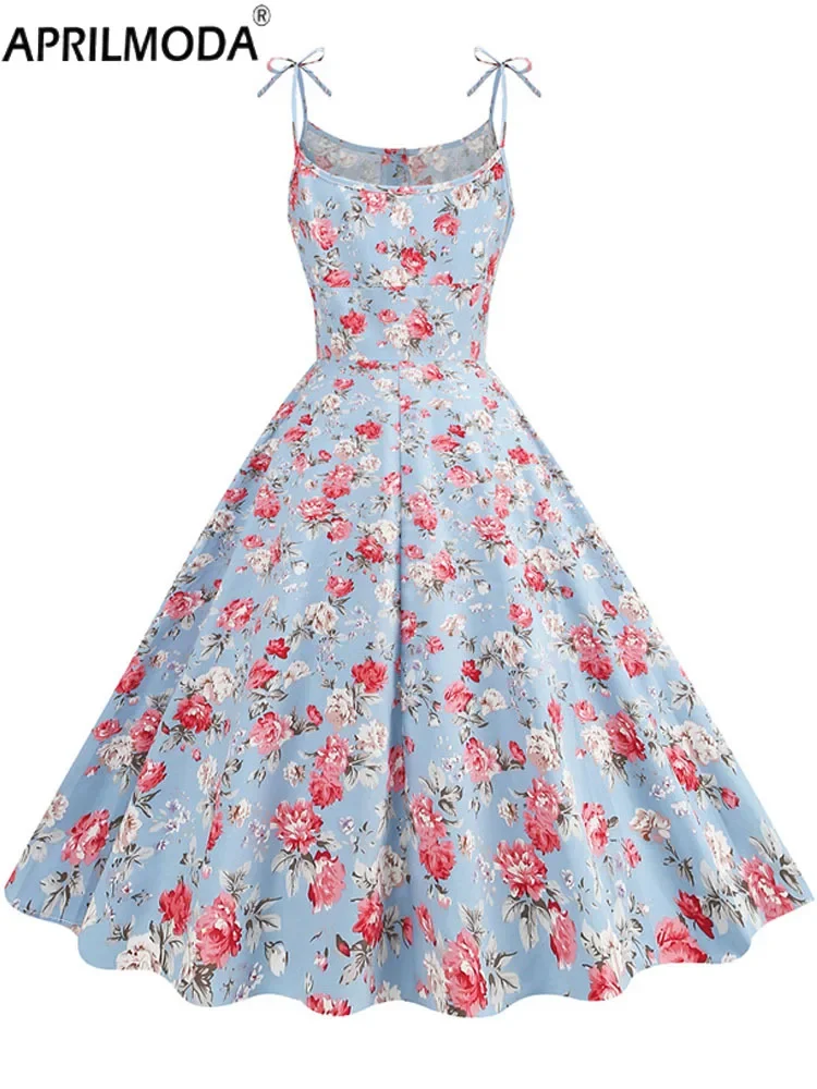 Sexy Party Short Cocktail Vintage Dress with Pocket Spaghetti Straps 2024 Bow Button Shirt Floral Print Hepburn Style 50s Dress