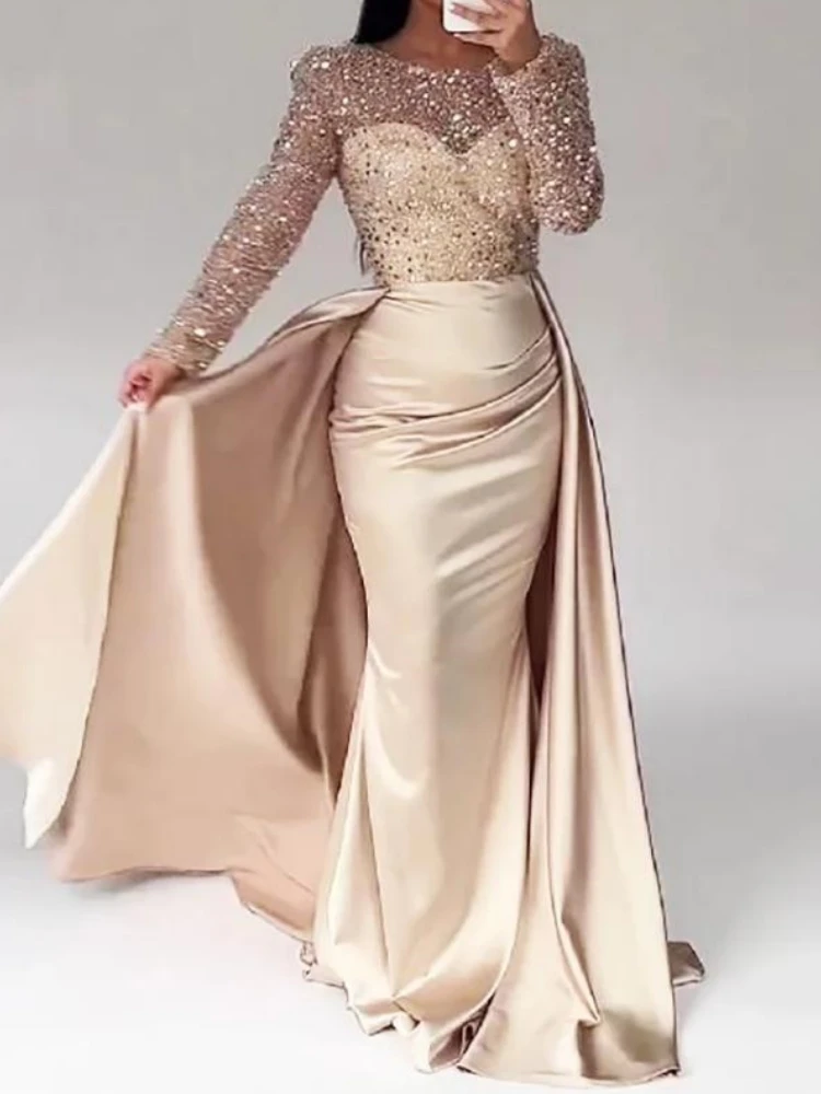 Customized Eelgant Quality Women Evening Dresses Long Sleeve Sequined Satin Meramid Formal Occasion Wedding Party Prom Dress