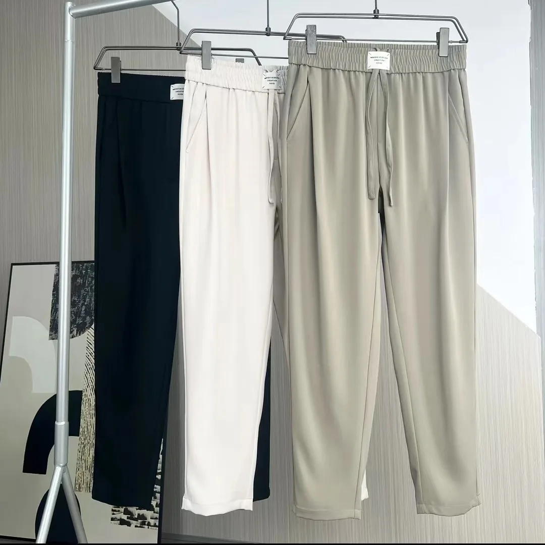 Men's Suit Pants Summer Breathable Silk Smooth Smooth Anti Wrinkle Straight Leg Trousers Versatile Casual Drawstring Pants Men