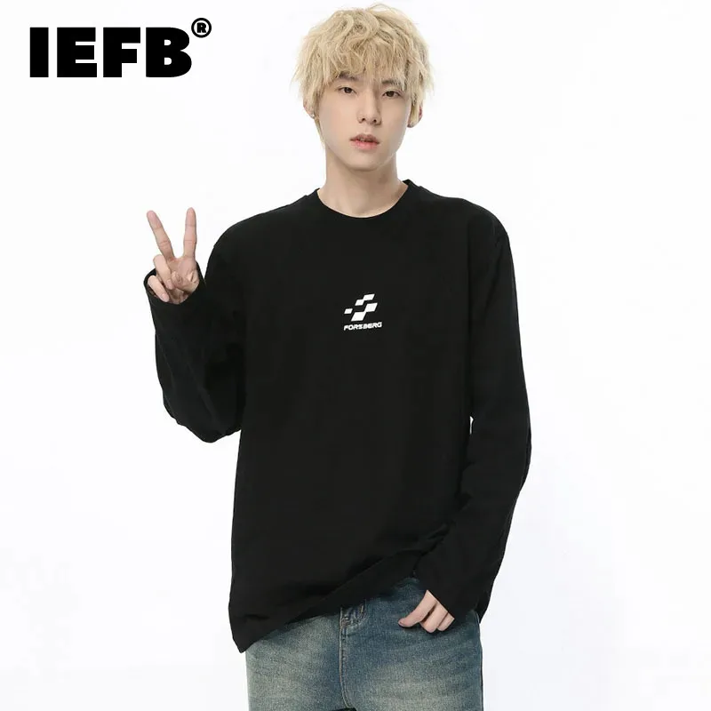 

IEFB Casual Men T-shirt Letter Printing Solid Color Round Collar Baggy Male Long Sleeve Tops Simple Men's Clothing Autumn 9C4739