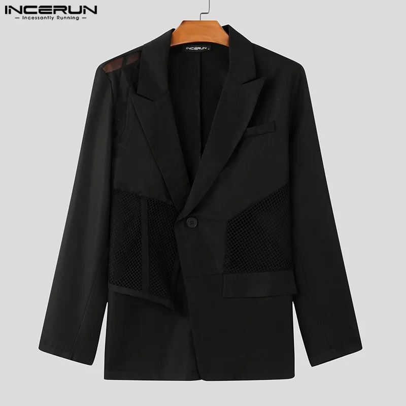 Fashion Sexy Tops INCERUN Handsome Men Sexy Mesh Deconstruction Suit Coat Male Casual Hot Sale Irregular Hem Long Sleeved Blazer