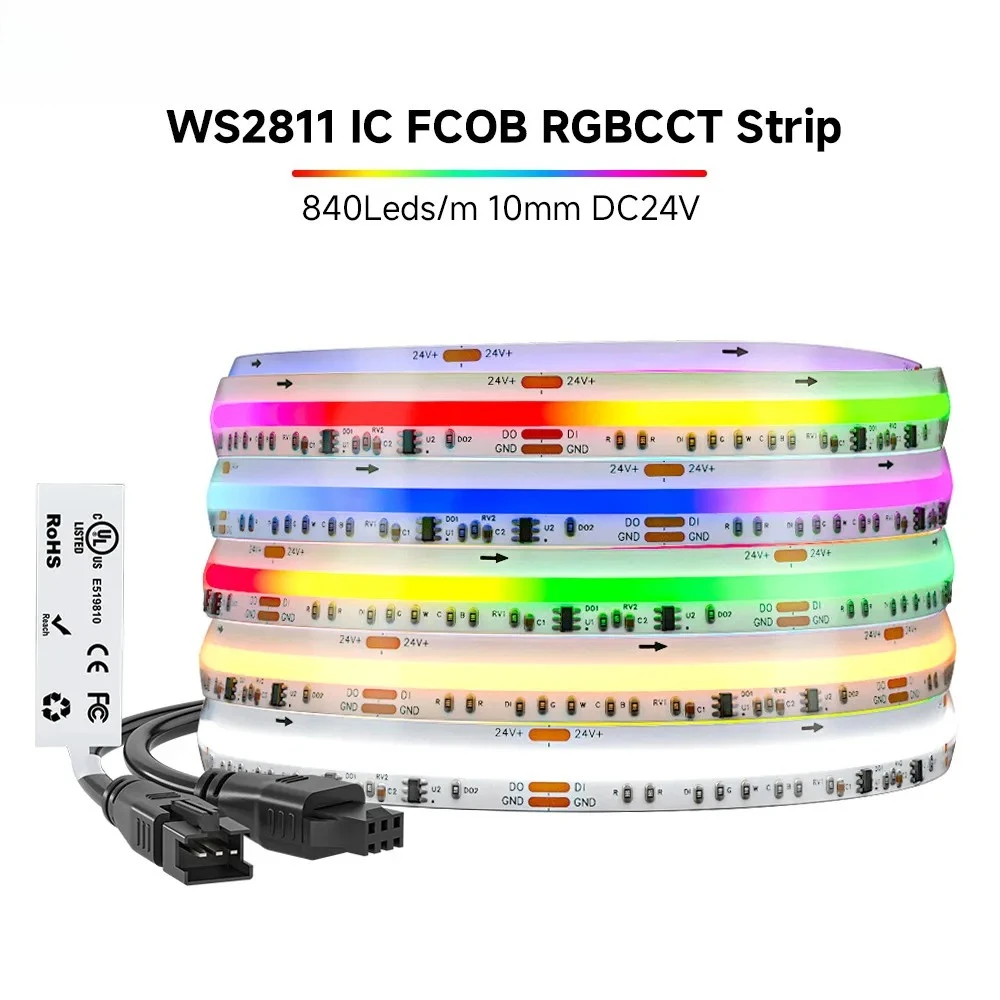 FCOB SPI RGBCCT IC LED Strip Light WS2811 Dual IC Addressable 840 LED Dream Color RGB+CW WW FOB High Flexible COB Lights DC24V
