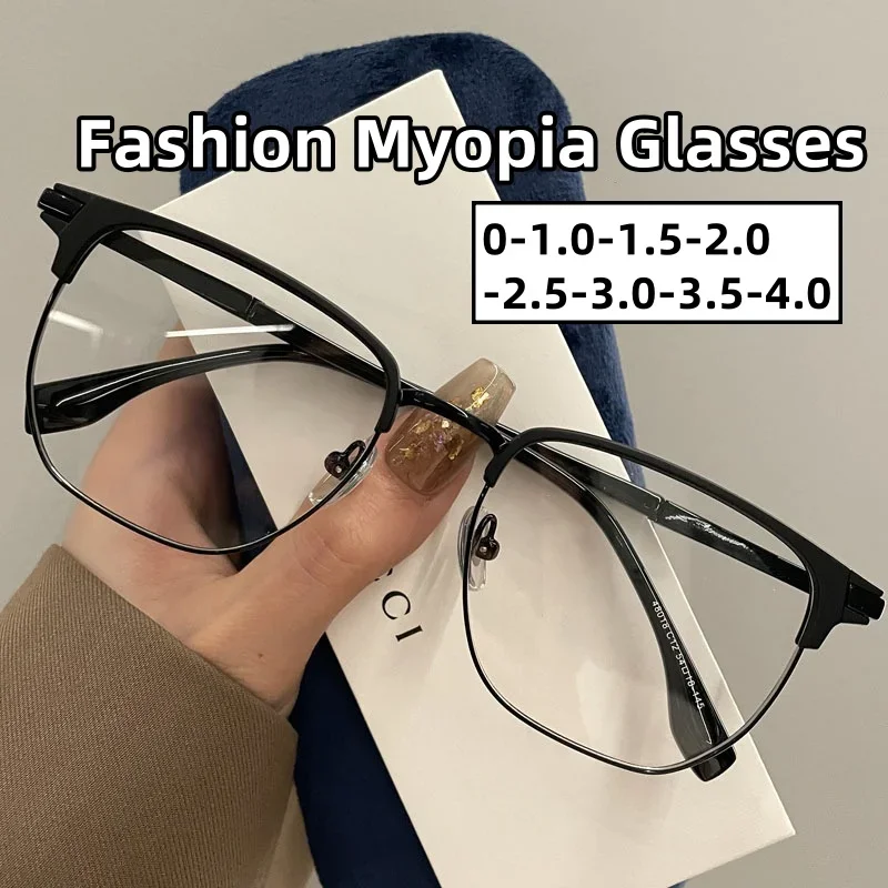 

Half Frame Myopia Glasses for Women Men Fashion Square Frame Near Sight Eyewear Blue Light Blocking Eyeglasses 0-1.0-1.5-4.0