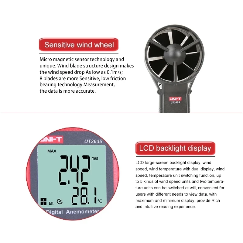 UNI-T UT363 \ UT363S مقياس شدة الريح المصغر LCD عرض سرعة تدفق الهواء سرعة الرياح اختبار درجة الحرارة ماكس/AVG قياس مستوى الرياح 1 ~ 12