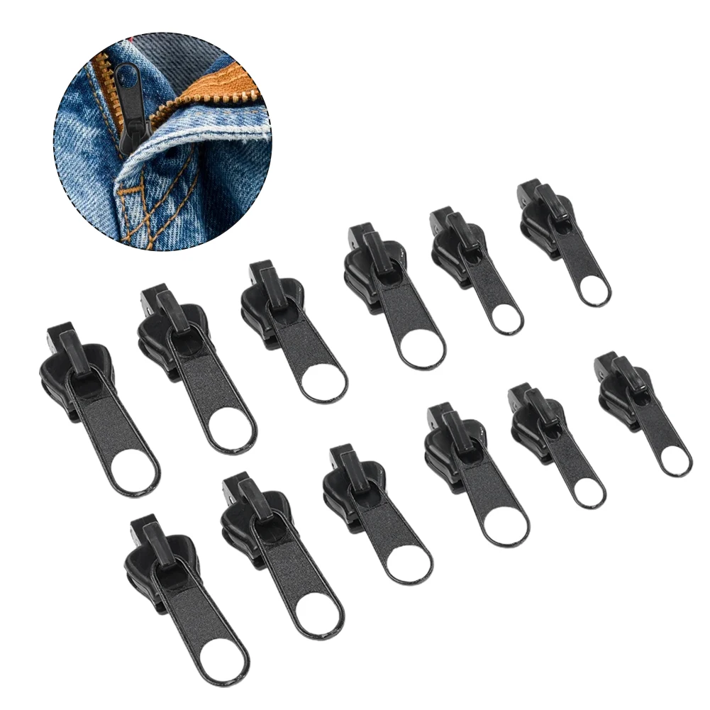 Zip Slider Replacement 3 Sizes 12Pieces No Tools Universal Zip Fixers Zip Repair Detachable Zipp Er Pulls Tab Fixer Black