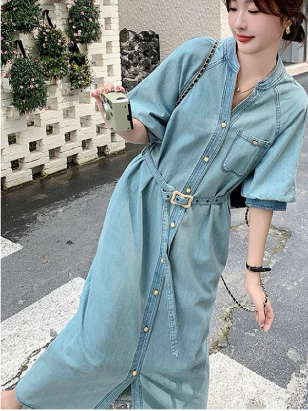 Retro Hong Kong Sle Light Wa Denim Dr Women's Summer 2025 New Waist-Cinching Slimming High-End Feeling irt Long Dr