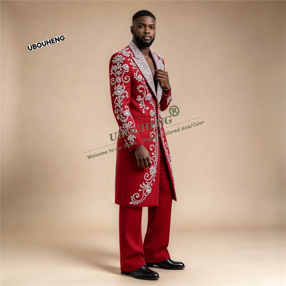Exquisite Long Men's Suit Set For Wedding Sparking Sequin Lapel Beaded Stones Groom Prom Blazer Customized 2 Pieces Man Tuxedos