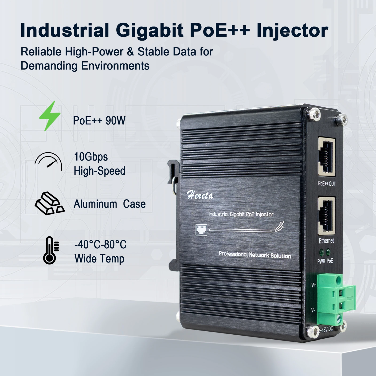 Industrial Switch PoE++ Ethernet Injector 2.5/5/10G 802.3bt 90W 2 RJ45 Port 12~48VDC Input Din Rail Wall Mount Aluminum Case 2