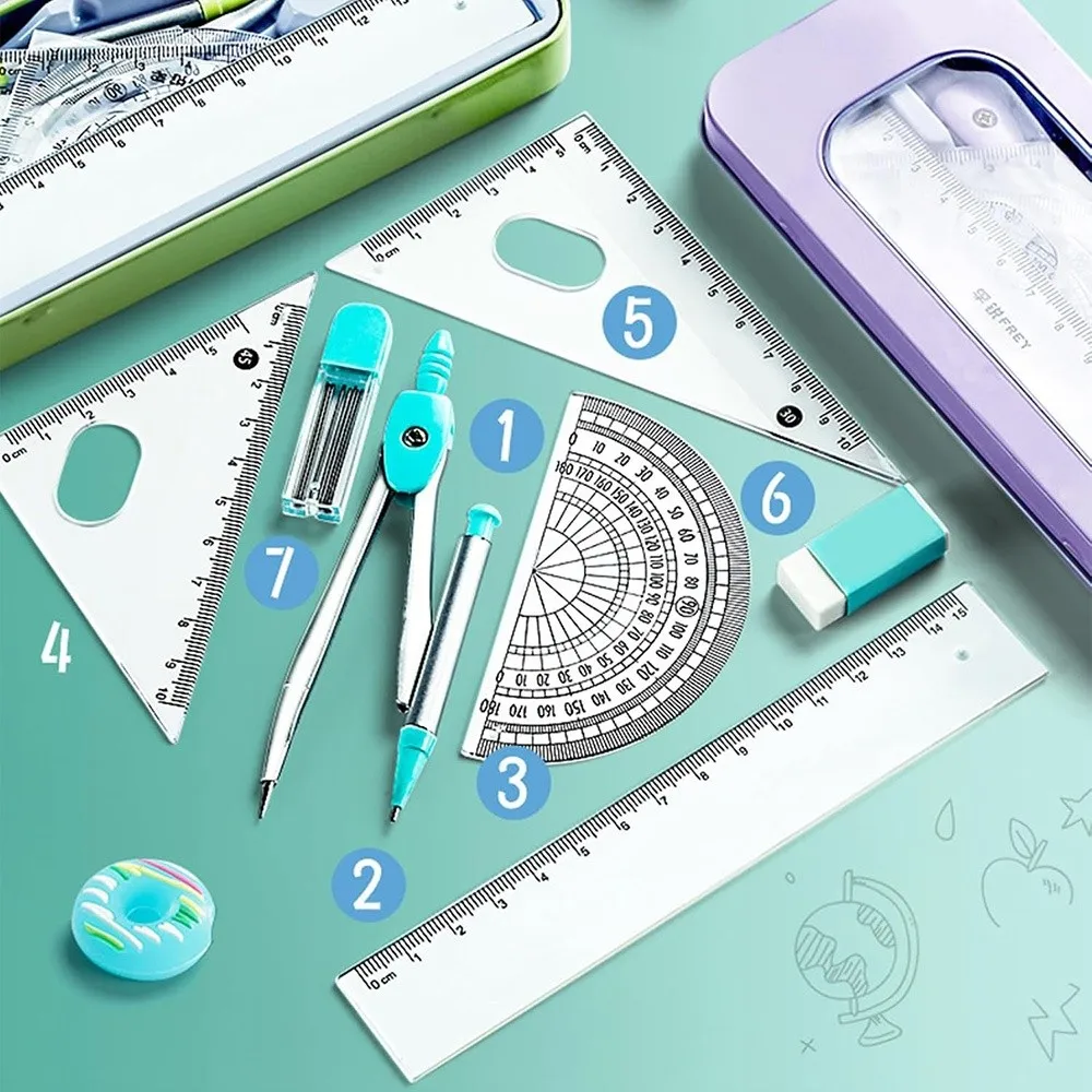 8PCS Portable Plastic Ruler Compasses Set Eraser Transparent Protractor Straight Ruler Square Measuring Ruler Students