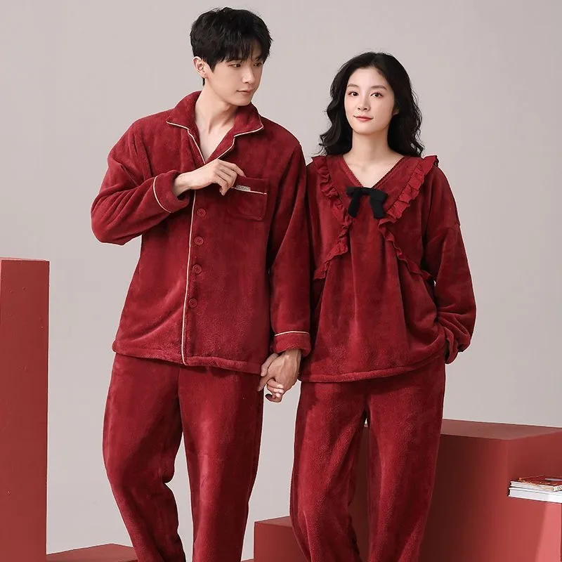 Wine Red Couple Pajamas Winter Thickened Velvet Padded Coral Fleece Women Nightclothes Sets Men Casual Warm Homewear Suit 2024