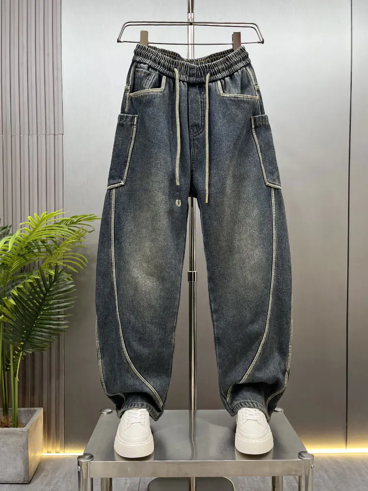 

Теплые мужские джинсы с флисовой подкладкой, осенне-зимние, в стиле ретро, рабочие, модные, с эффектом потертости, в американском стиле, повседневные, для молодежи...