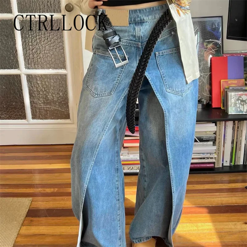 

CTRLLOCK Chic Washed Frayed Deconstructed Jeans Banana Pants Two-piece Wide Leg Denim Pants For Women