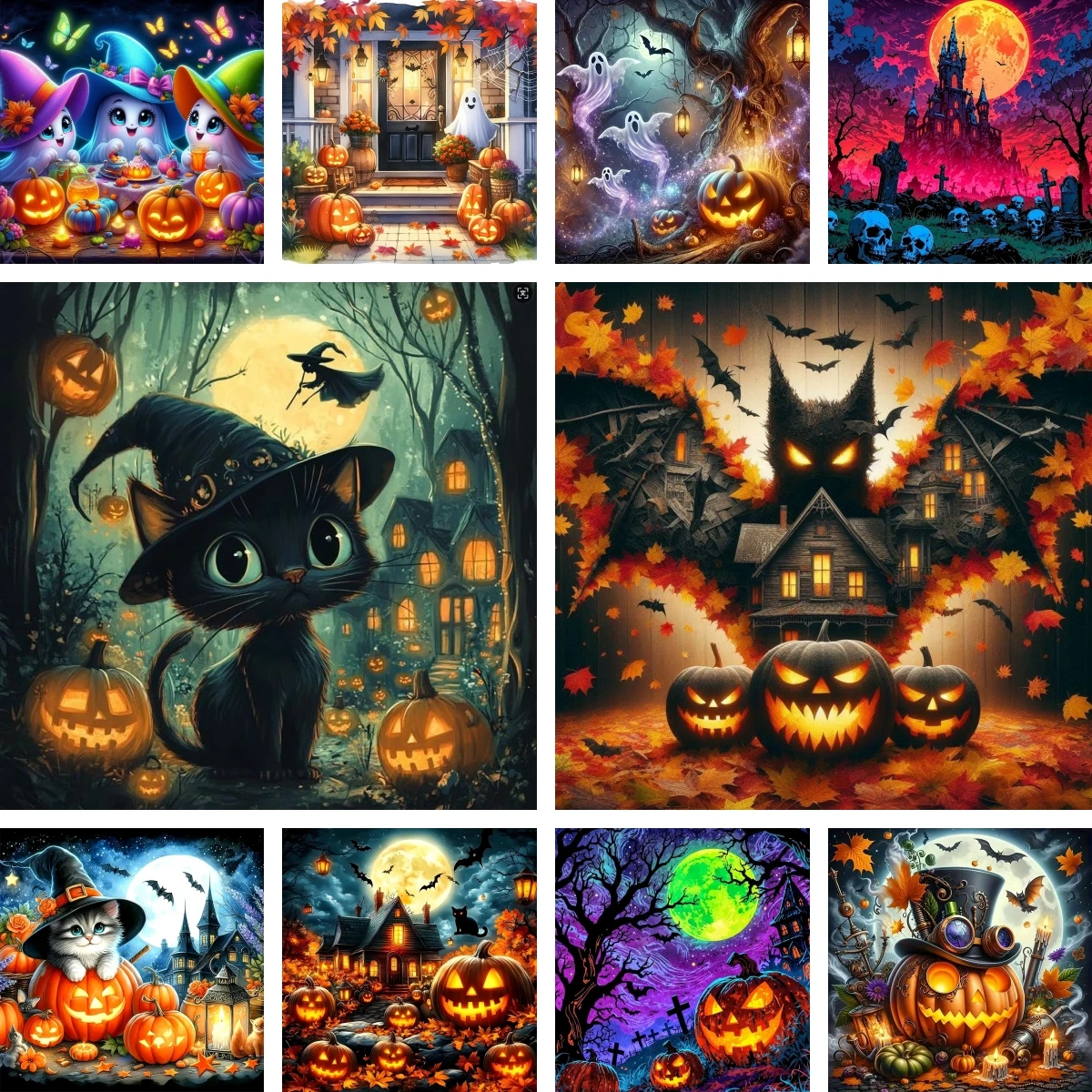 

DIY Diamond Painting Cross Stitch Kit Haunted Castle Ghost Black Cat Pumpkin Full Square Embroidery Dark Academia Decoration