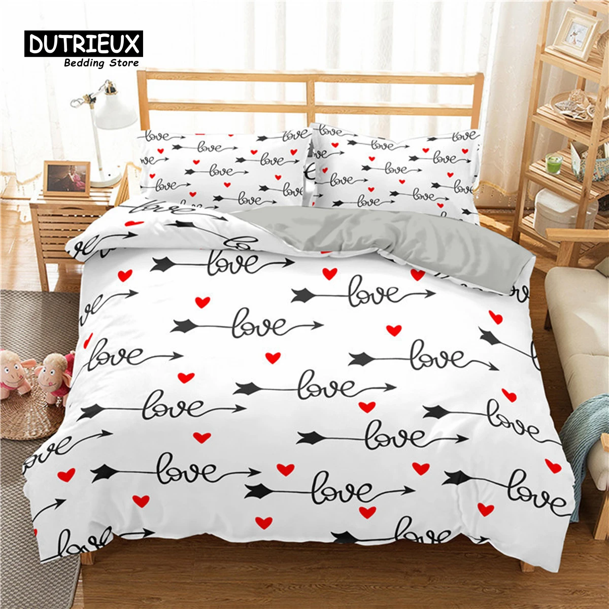 

Love Heart Bedding Set Love Words Duvet Cover Polyester Romantic Crown Print Quilt Cover With Pillowcases Full King For Girl Boy