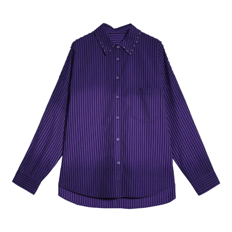 Women Vertical Striped Shirts Autumn Gradient Tide Brand Loose Design Rivet Mid-length Blouse Cotton Fashion Tops Long-sleeved