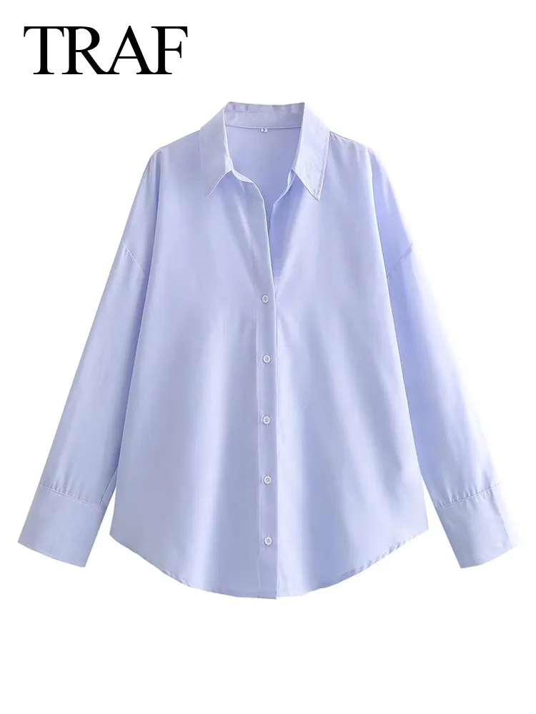 TRAF 2024 Women Casual Shirt Spring Blue Blouse Turn Down Long Sleeve Loose Single Breasted Shirts Female Chic Elegant Top