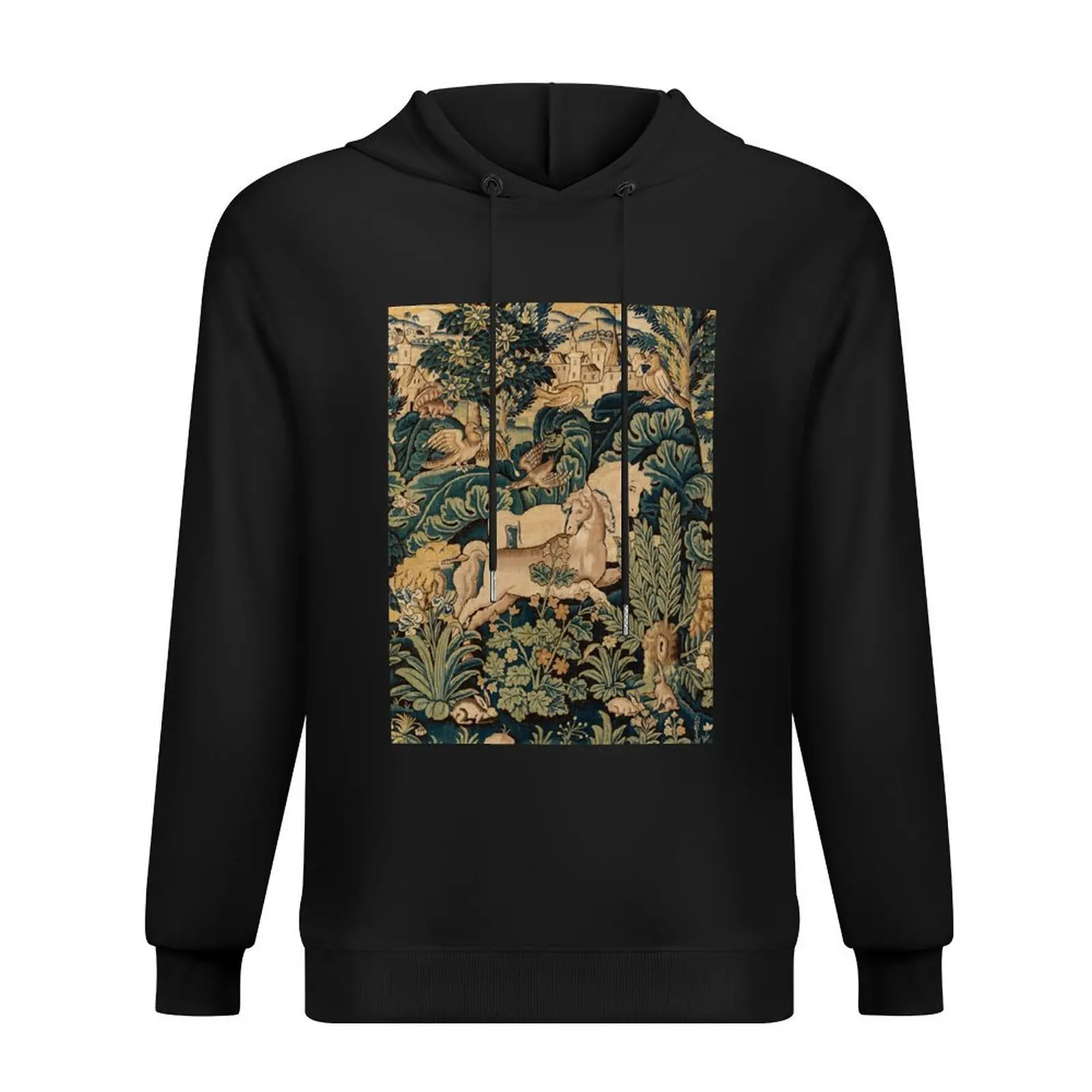 FANTASTIC ANIMALS AND HORSES IN WOODLAND Blue Green Ivory Antique French Tapestry Hoodie blouse hoodie for men