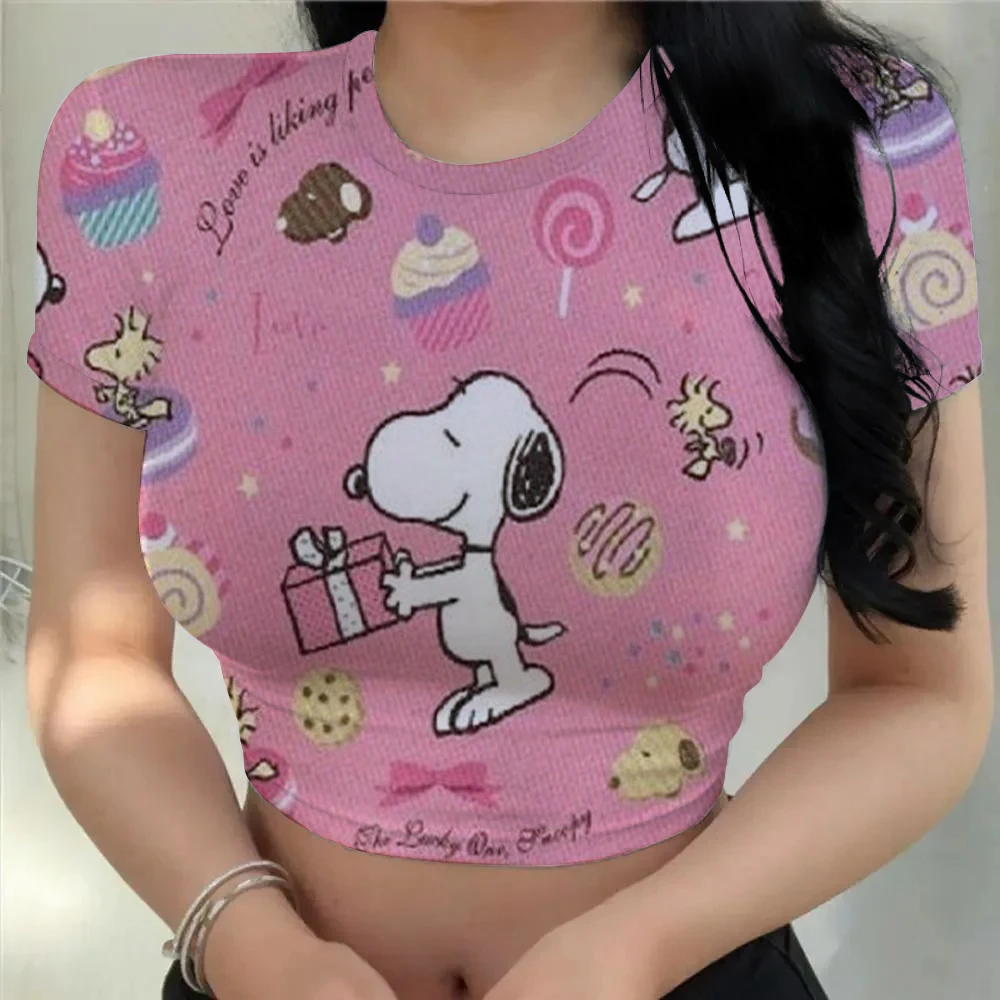 Sexy summer Short sleeved Disney Snoopy Print short sleeved tight belly button vest for women half short sleeved women