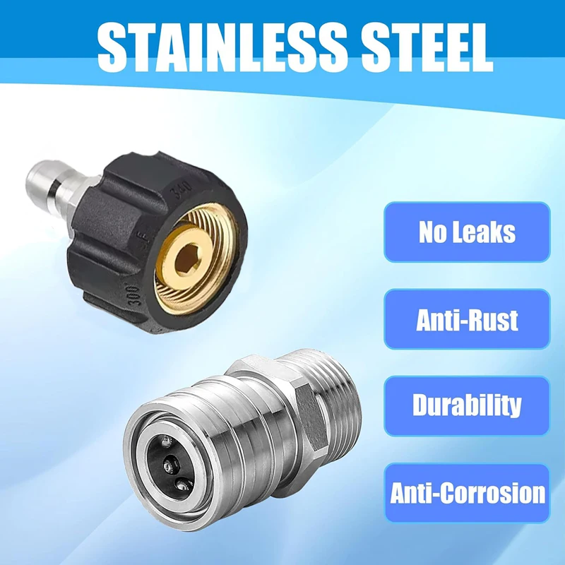 Pressure Washer Adapter Set Fitting M22-14mm/15mm to 1/4 Quick Connect Gun to Wand Stainless Steel 5000 PSI Hose and Gun Coupler