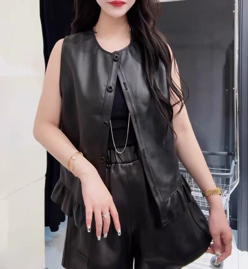 

Модный двусторонний жилет из натуральной кожи, женский круглый жилет из овчины Ne Svel на пуговицах, повседневный универсальный жилет для отдыха