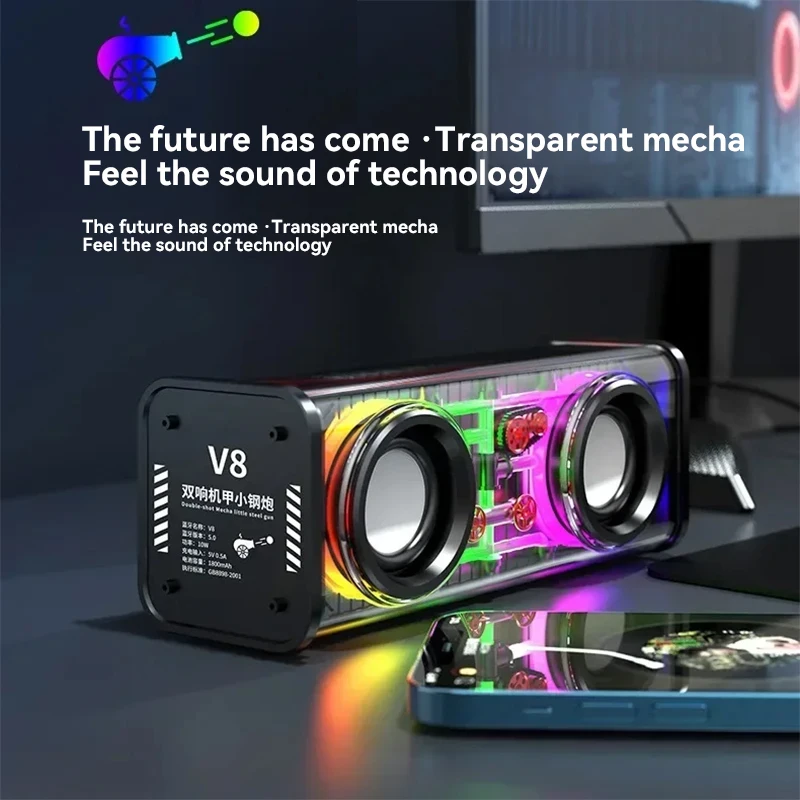 Xiaomi V8 Transparent Mecha Speakers Bluetooth 5.0 Wireless Double Bass Diaphragm Subwoofer Music TWS RGB Light Loudspeaker