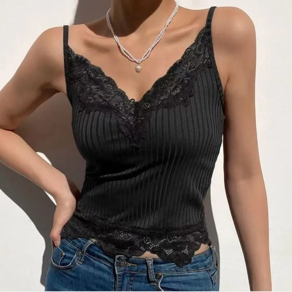 Summer Sleeveless Lace Tank Top for Women Sexy Lace Trim Crop Tops Slim Fit Knitted Basic Camisole Summer