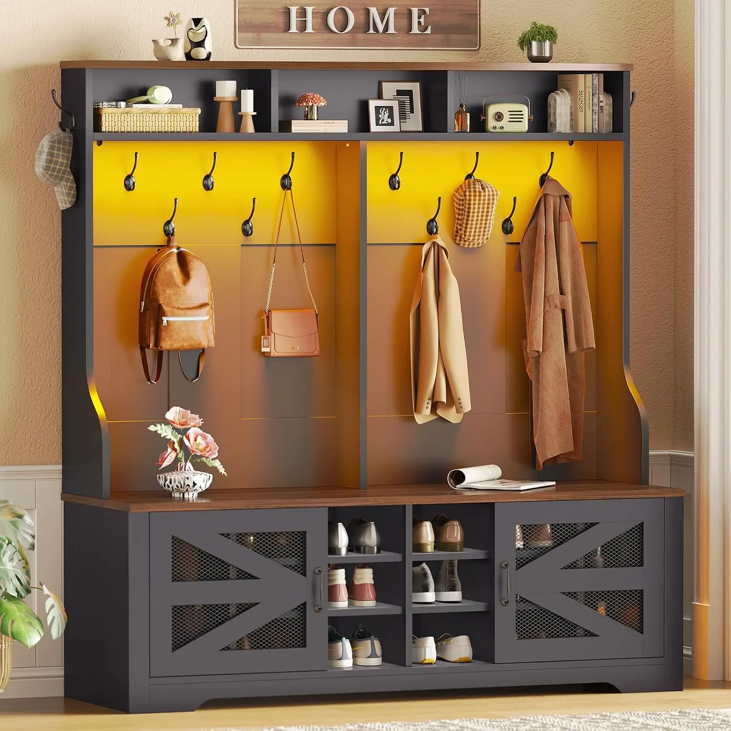 Hall Tree with Bench and Shoe Storage, 5-in-1 Entryway Bench with Coat Rack, 16 Shoe Cubbies & 12 Coat Hooks, Barn, Customized