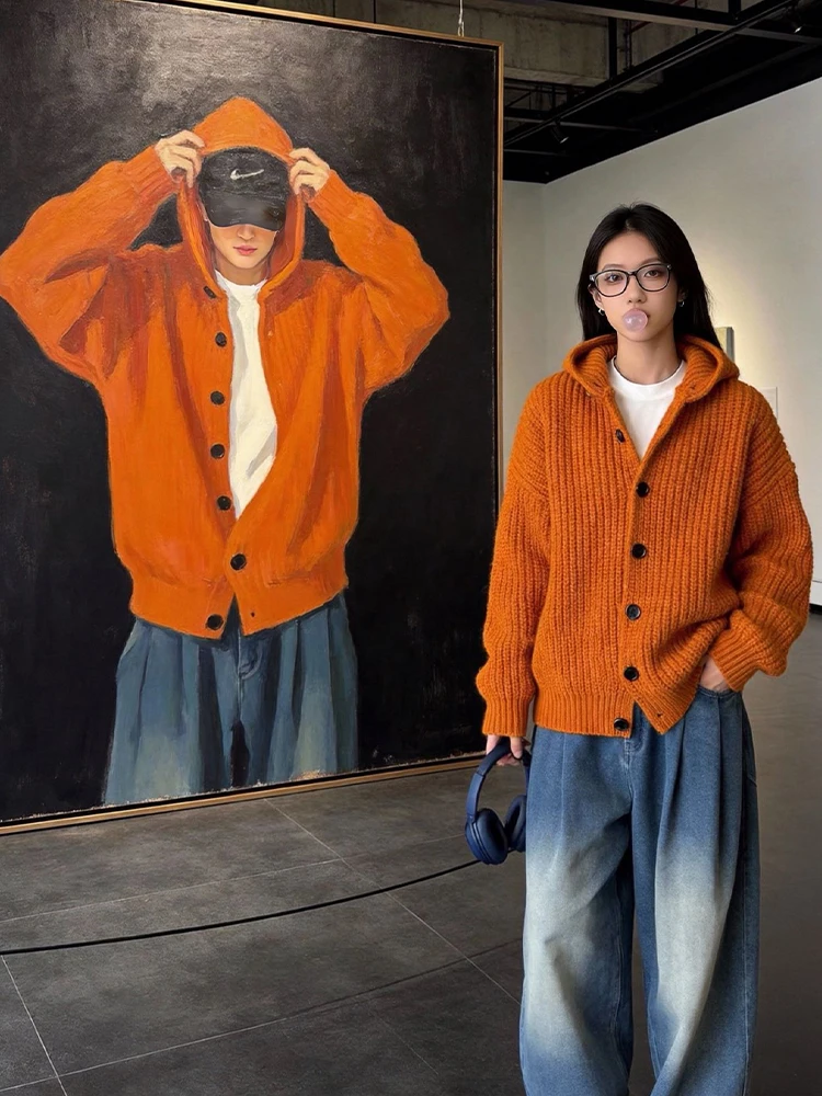 

Мужской зимний кардиган-свитер в американском ретро-стиле, крупной вязки, с капюшоном, плотный, класса люкс