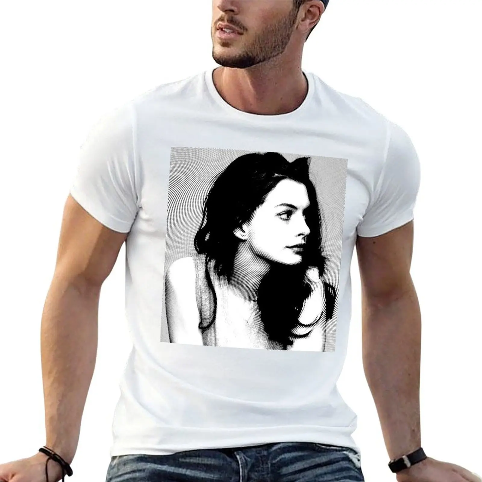 

Anne Hathaway Black & White Portrait (Linocut) T-Shirt funny t shirts dark humor man t shirt cotton cotton t shirt man T-shirt