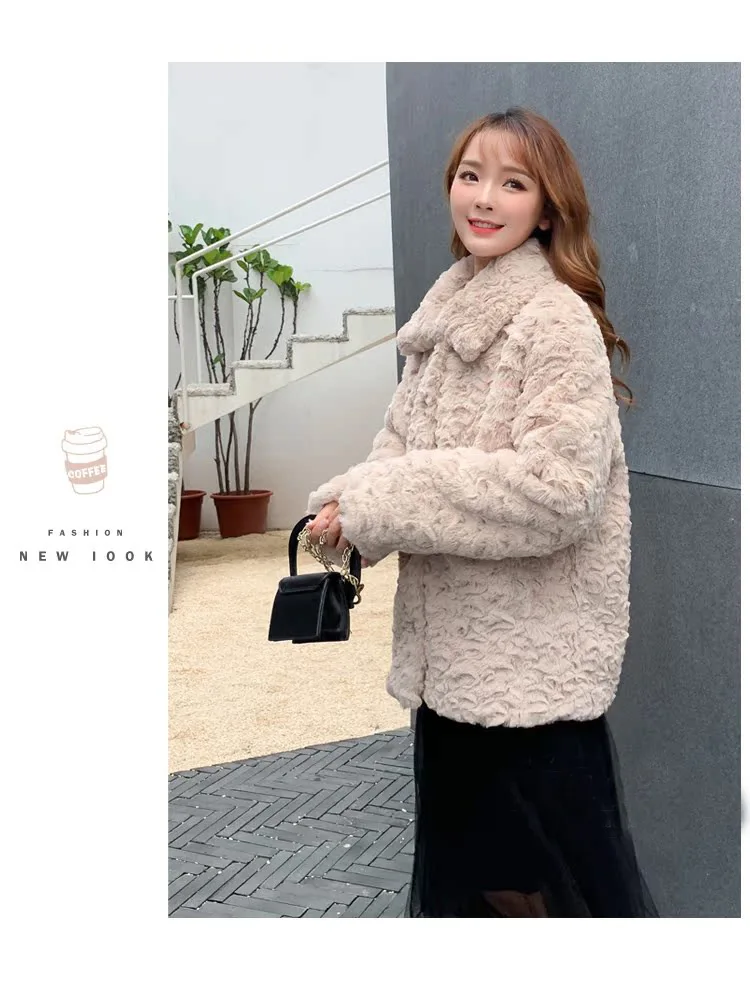 معاطف نسائية من فراء الأرنب الصناعي معطف بياقة مقلوبة وأكمام طويلة وجيوب بأزرار سترات سميكة وفضفاضة غير رسمية لخريف وشتاء 2025