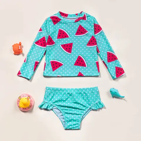 Traje de baño para niñas, conjunto de dos piezas de camisa de baño de manga larga para niños, traje de baño con estampado de sandías, trajes de baño para surfear en la playa de verano