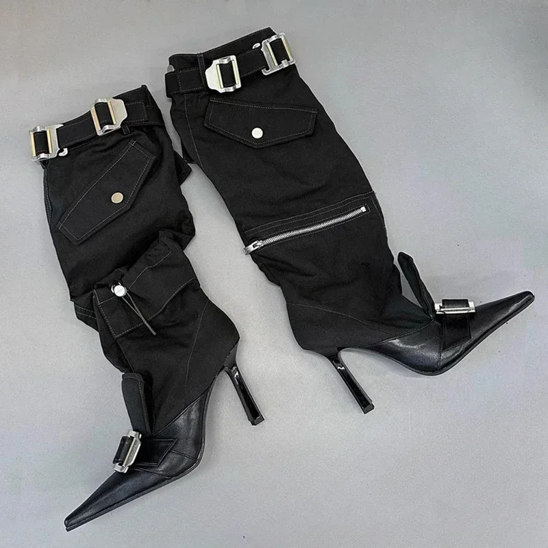 Belt Buckle Motorcycle Cowboy Spicy Girl Knee Length Boots Women\'s 2024 Winter New Pocket Workwear High Heel Knight Long Boots